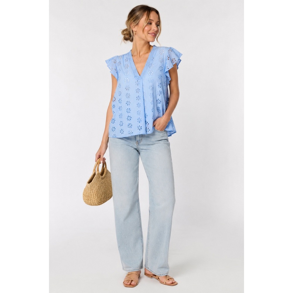 CeCe Blue Floral Eyelet Embroidered Flutter Sleeve Blouse Women‎ Small Boho